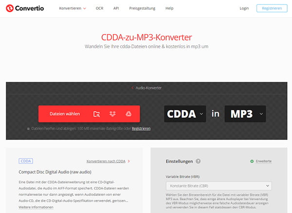 CDA in MP3 umwandeln mit Convertio