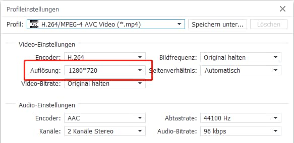 720p-Auflösung wählen