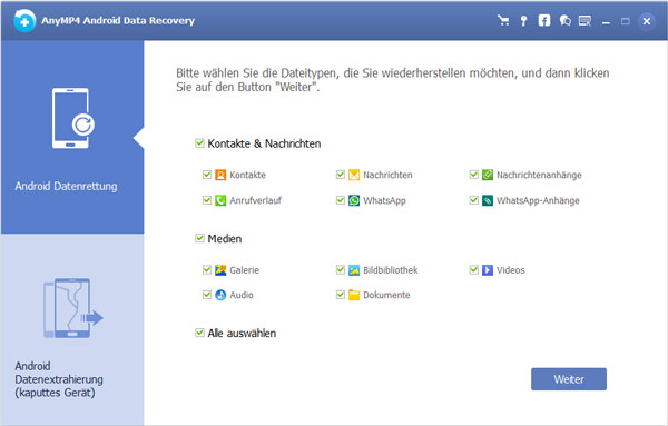 Datentypen zum Wiederherstellen wählen