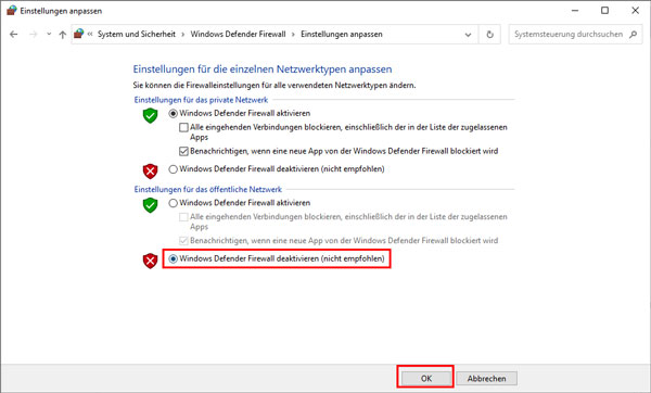 Firewall deaktivieren