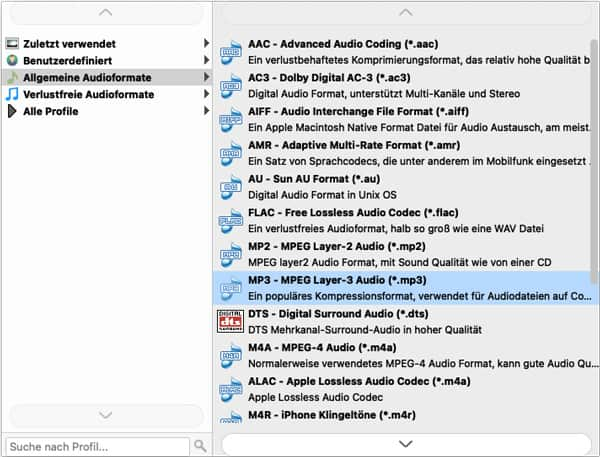 MP3 als Ausgabeformat wählen