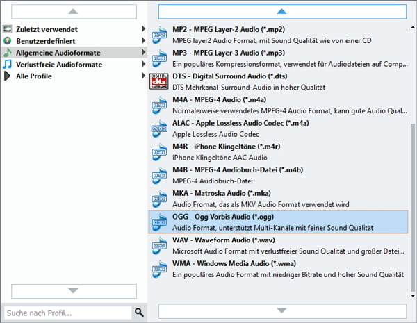 OGG als Ausgabeformat wählen
