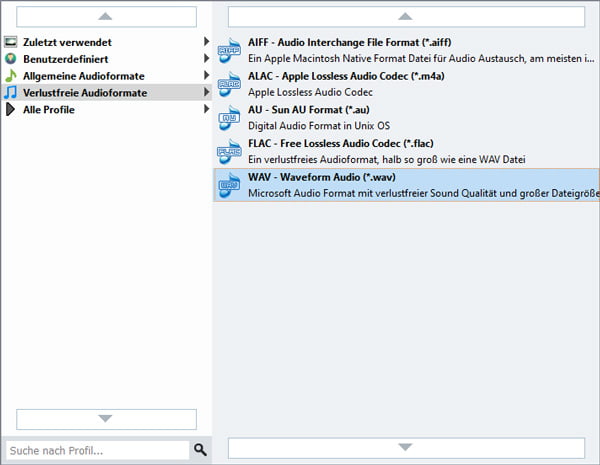 WAV als Ausgabeformat wählen