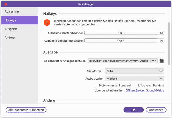 Einstellungen-Hotkeys