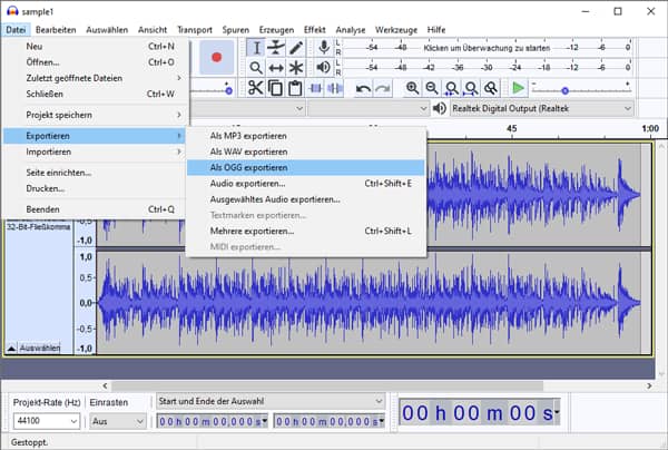 Audacity: WAV in OGG konvertieren