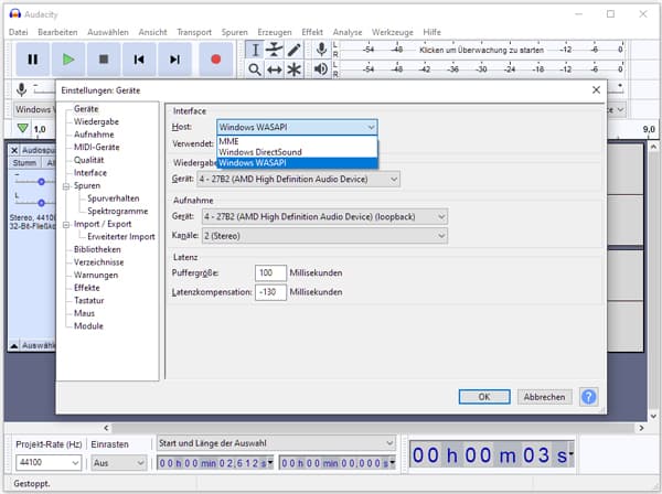 Aufnahmequelle wählen in Audacity