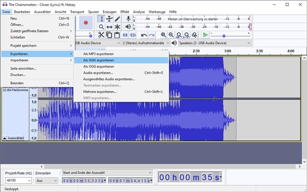 Geschnittene WAV-Datei exportieren