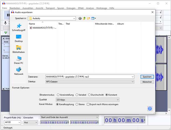 MP3-Bitrate mit Audacity änndern