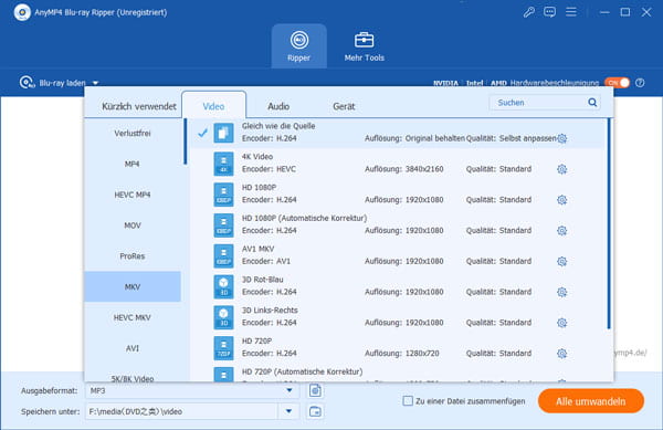 MKV als Ausgabeformate festlegen