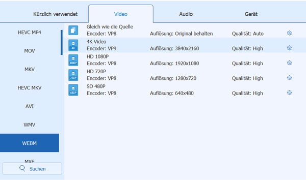 WebM als Ausgabeformat auswählen