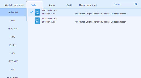 Ausgabeformat auswählen