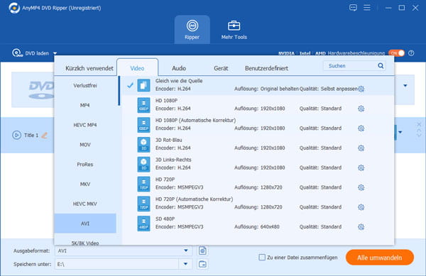 AVI als Ausgabeformat auswählen
