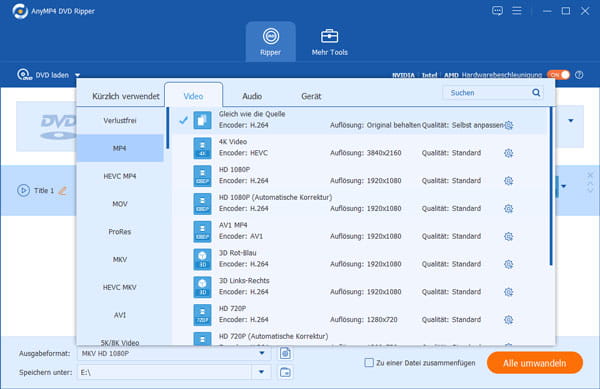 MP4 als Ausgabeformat festlegen