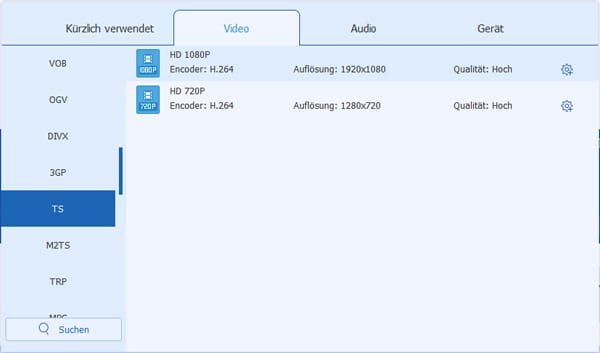 TS-Format wählen
