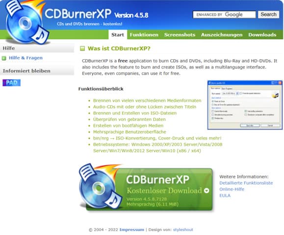 CDBurnerXP Webseite