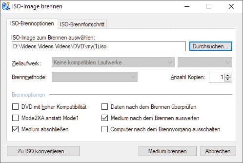ISO Brennoptionen in CDBurnerXP anzeigen