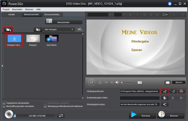 Menü und Musik in Cyberlink Power2Go einstellen