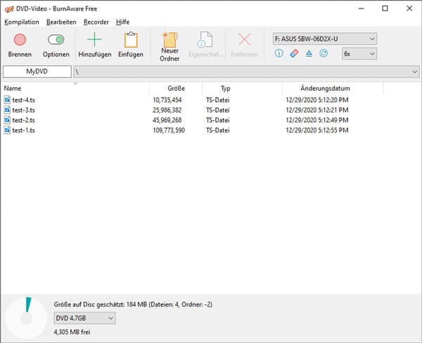 TS auf DVD brennen mit Burnaware
