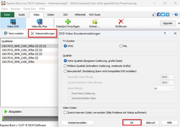 Video mit Express Burn einstellen
