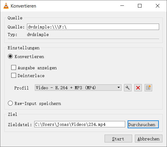 vlc einstellung fuer konvertierung