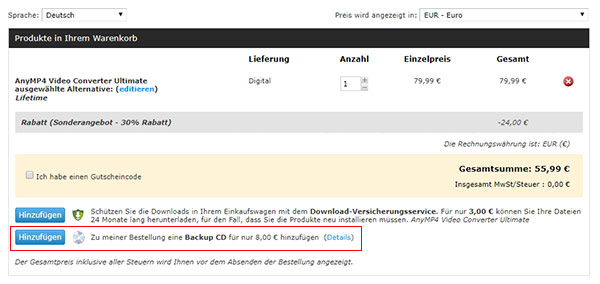 Backup-CD zur Bestellung hinzufügen