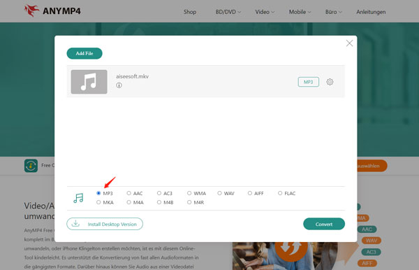 MP3 als Ausgebeformat wählen