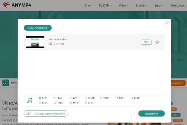 WebM in MP3 umwandeln mit AnyMP4 Free Video Converter