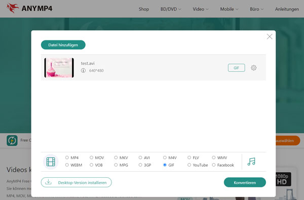 AVI in GIF umwandeln mit AnyMP4 Free Video Converter