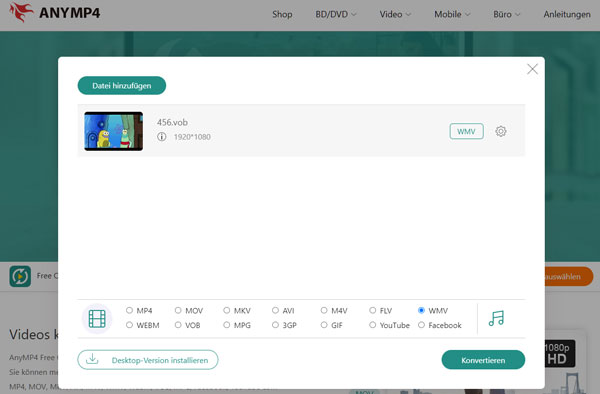 VOB in WMV umwandeln mit AnyMP4 Free Video Converter