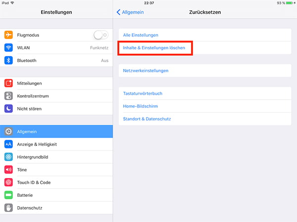 iPad mit Einstellungen löschen