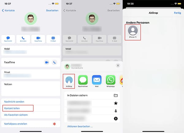 Kontakte vom iPhone zu iPhone senden per AirDrop