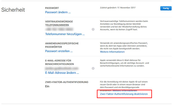 Zwei-Faktor-Authentifizierung deaktivieren