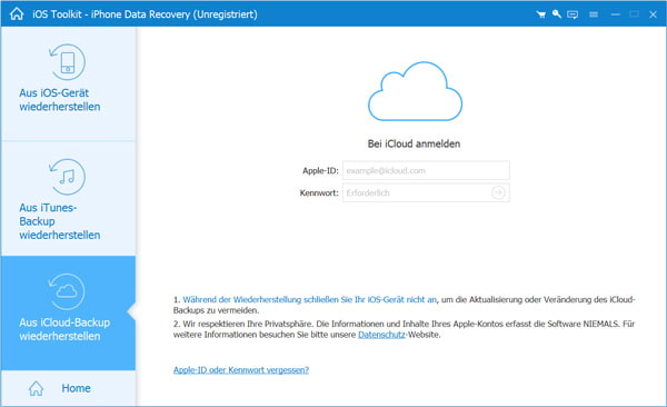 iCloud in der Software anmelden