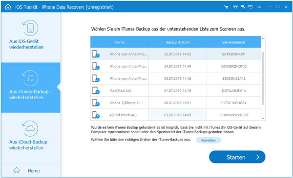 iTunes-Backup wählen und scannen