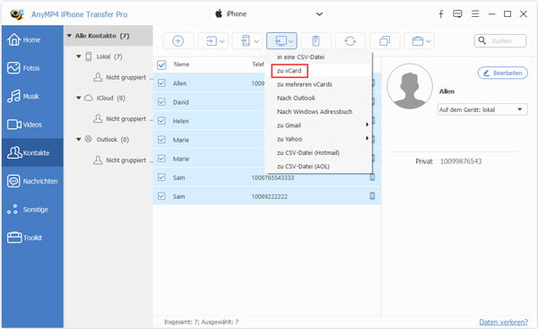Ausgewählte iPhone Kontakte exportieren