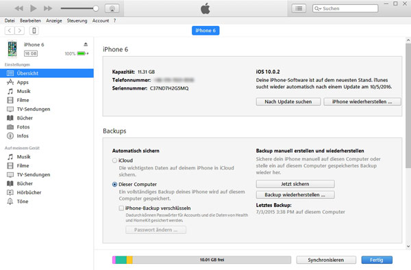 iPhone mit iTunes Backup erstellen