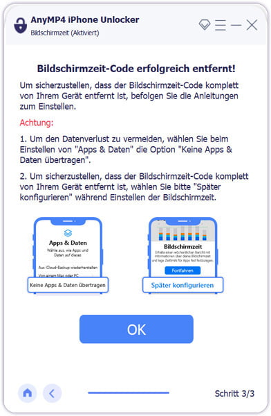 Bildschirmzeit-Code erfolgreich gelöscht