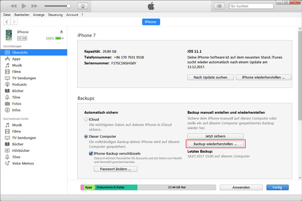 iPhone Backup wiederherstellen mit iTunes