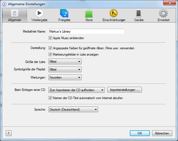iTunes Allgemeine Einstellungen