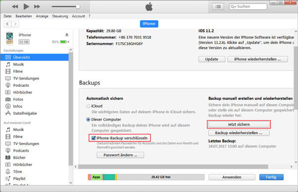 iTunes-Backup mit Passwort erstellen