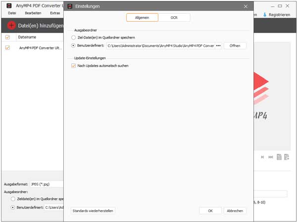Einstellung in AnyMP4 PDF Converter Ultimate