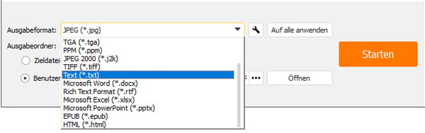 Text als Ausgabeformat wählen