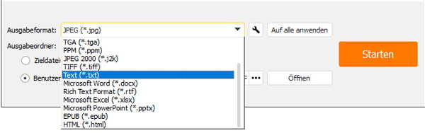 Text als Ausgabeformat wählen