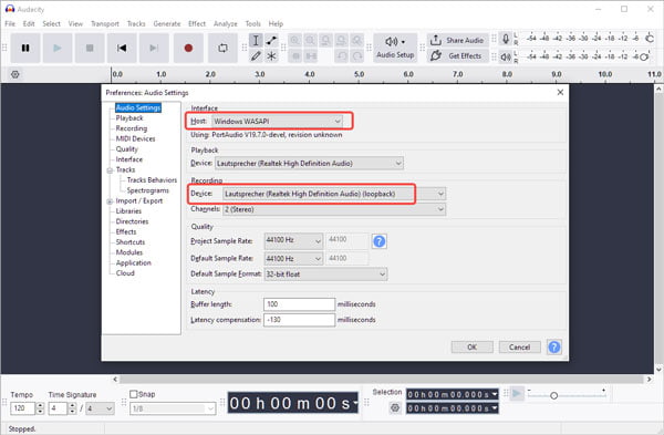 Audioeinstellungen in Audacity anpassen