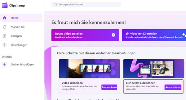 Aufnahmefunktion in Clipchamp auswählen