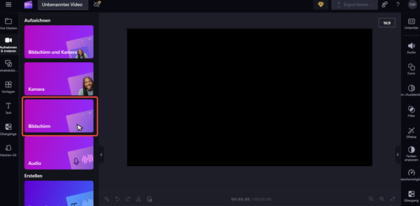 Aufnahmemodus in Clipchamp auswählen