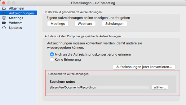 Einstellungen für GoToMeeting-Aufzeichnung