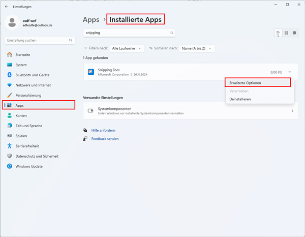 Erweiterte Optionen von Snipping Tool