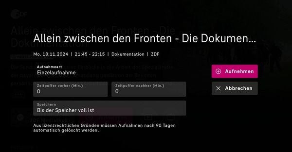 Magenta TV Aufnahme Einstellungen