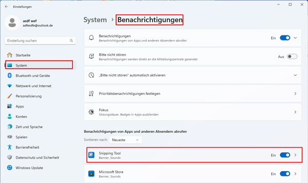 Snipping Tool benachrichtigen erlauben